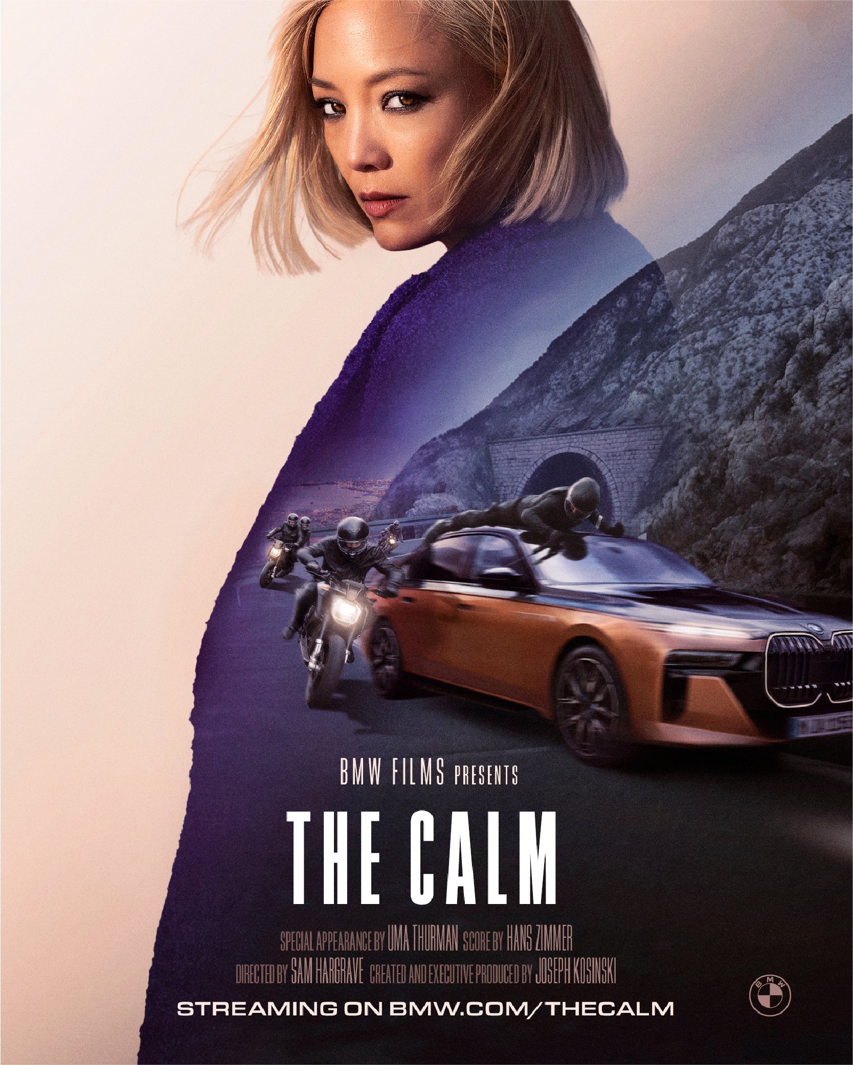 Poster for BMW Films' production 'The Calm,' featuring a woman with blonde hair, a luxury car, and motorcyclists on a mountainous road. Text includes names of contributors and streaming details.