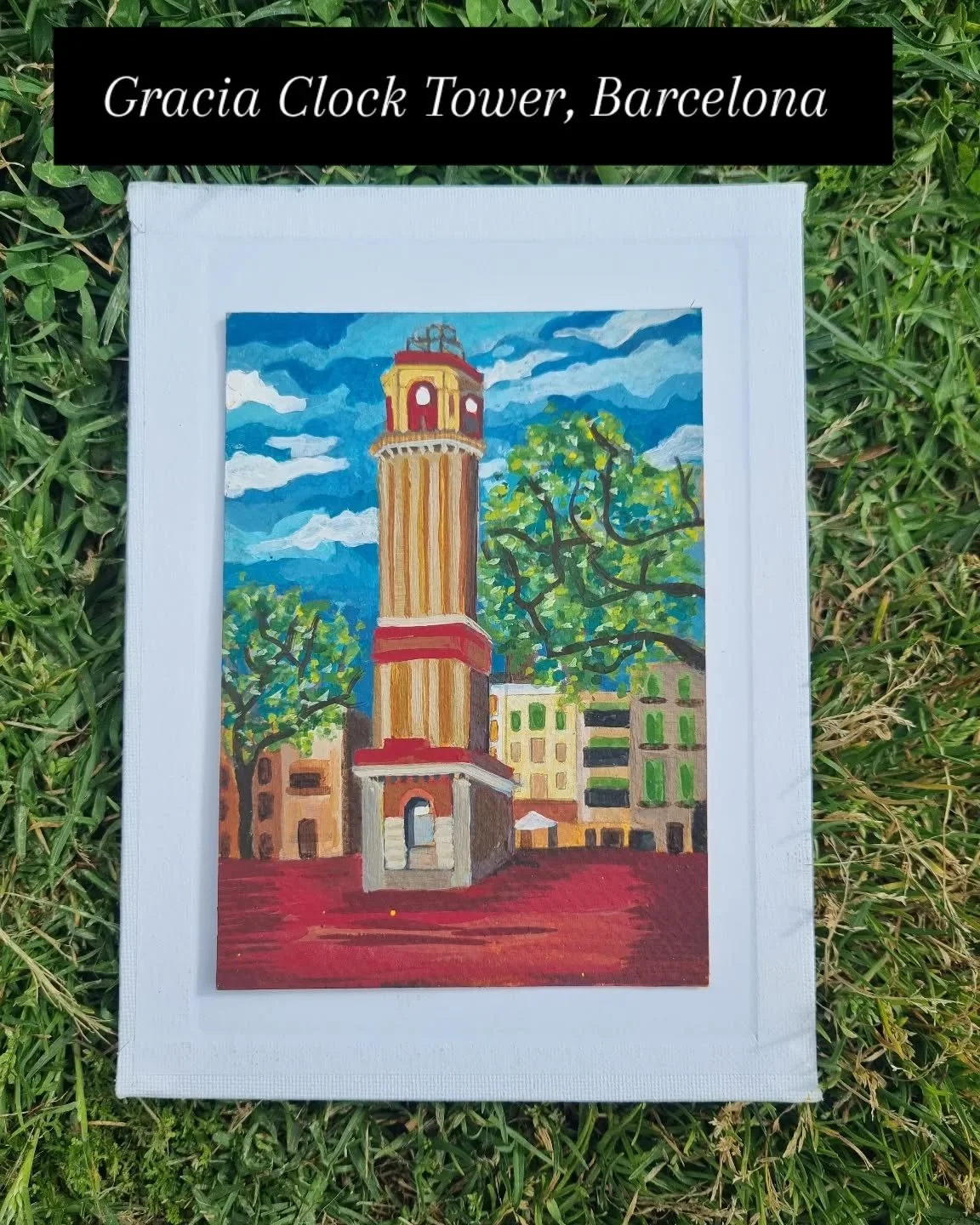 This Clock Tower is located in Vila de Gracia square. I created a series of drawings of this tower while living in Gracia. It was one of my favourite places to sketch and paint during my free time. The square is host to charming cafes and bars that I
