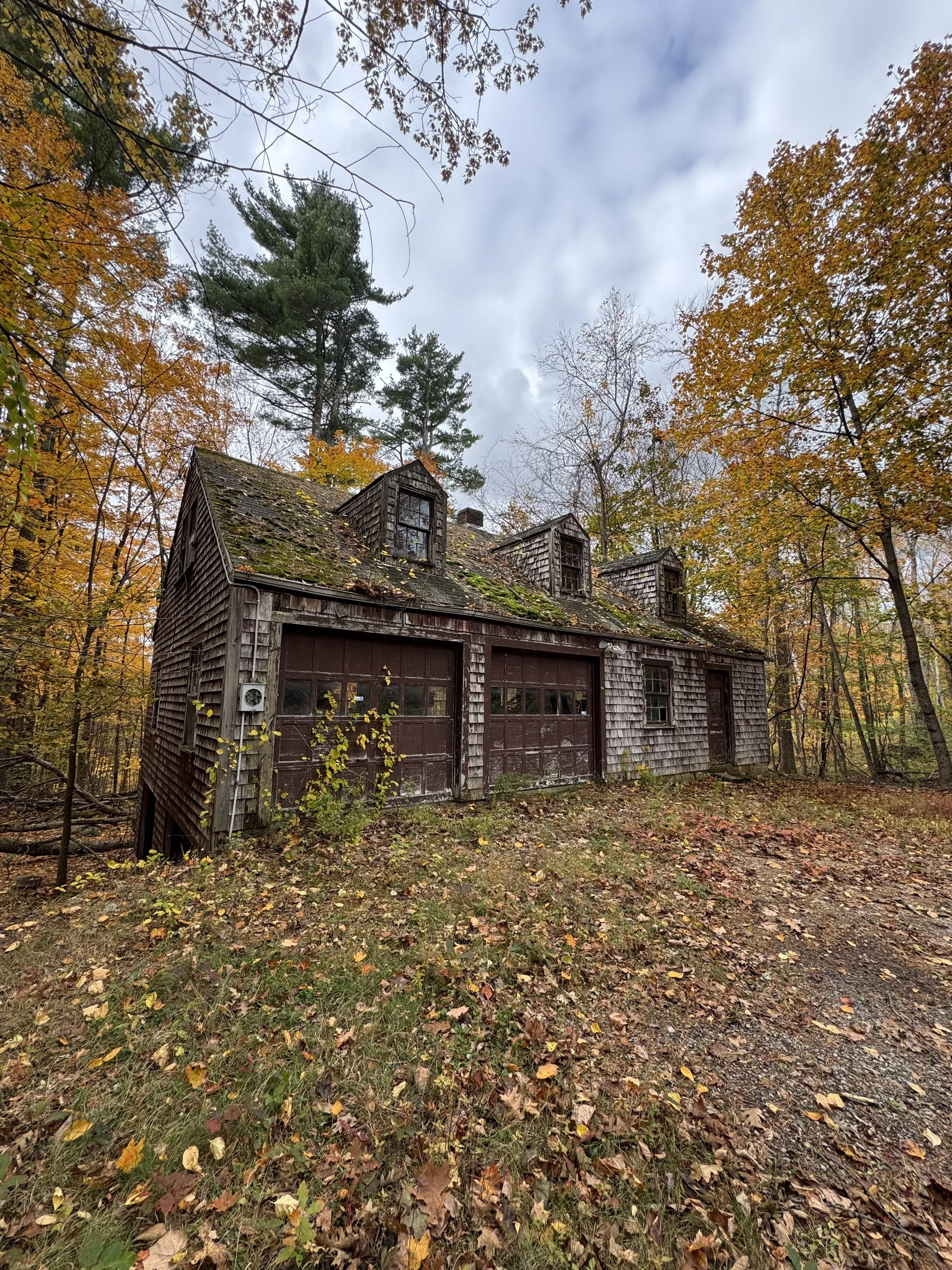 An old, weathered wooden house with moss on the roof and overgrown weeds in front, surrounded by fall-colored trees on an autumn day with cloudy skies.