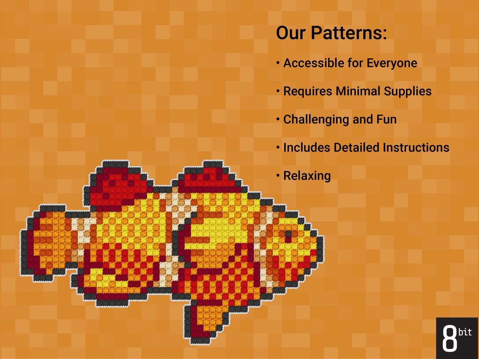 May include A pixelated image of an orange and red clownfish. The text.jpg