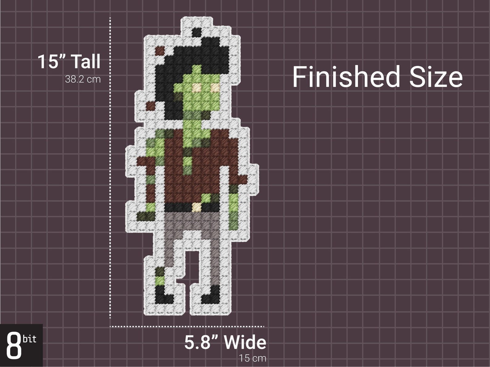 May include A pixel art cross stitch pattern of a green-skinned charac.jpg