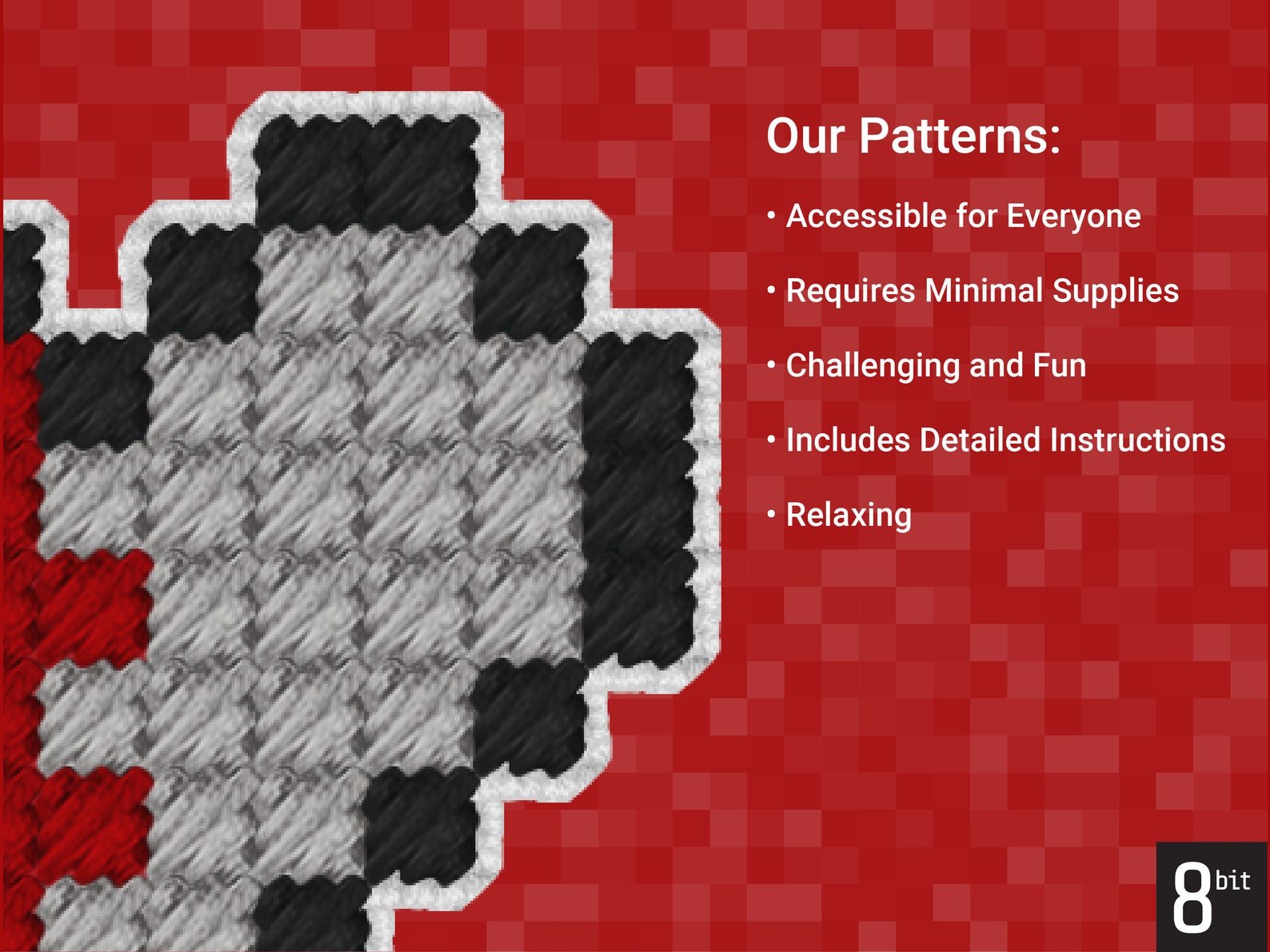 May include A red and gray pixelated design with the text Our Patterns.jpg