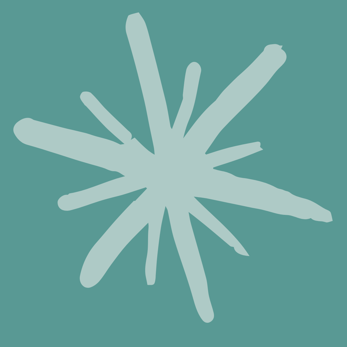 Abstract graphic of a starburst shape with multiple elongated, uneven rays in pale blue on a teal background.