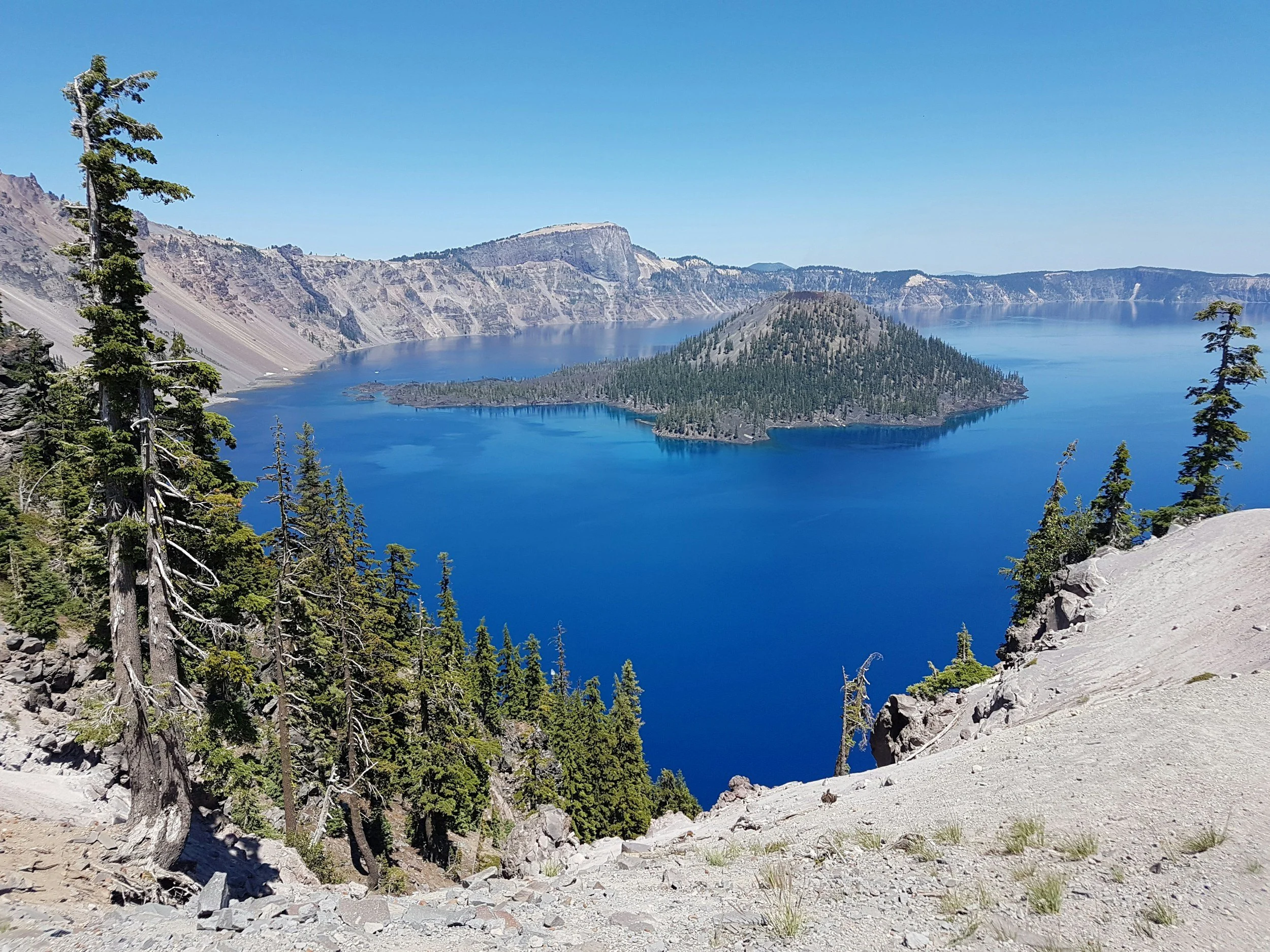A large blue lake surrounded by steep rocky cliffs and evergreen trees, with a small forested island in the middle and a clear blue sky overhead.