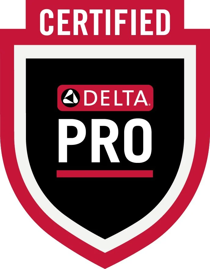 Certification badge with the Delta Pro logo, featuring a black shield with a red and white border, the word 'CERTIFIED' at the top, and the Delta logo above the word 'PRO'