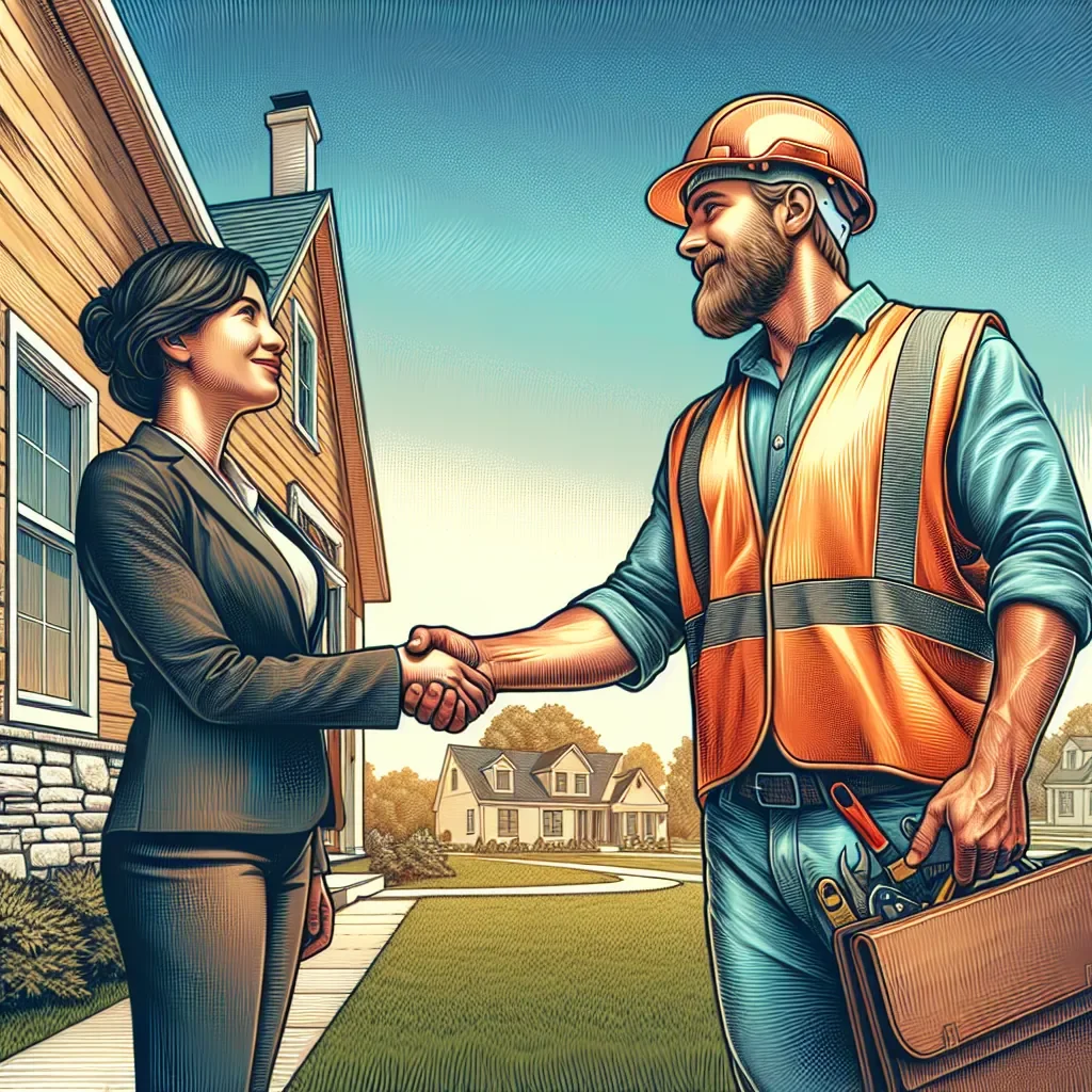 A woman in a business suit shaking hands with a construction worker in a safety helmet and vest outside of a house.