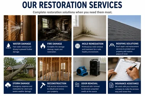 A poster listing restoration services including water damage, fire damage, mold remediation, roofing solutions, storm damage, reconstruction, odor removal, and insurance assistance, each with images and brief descriptions.