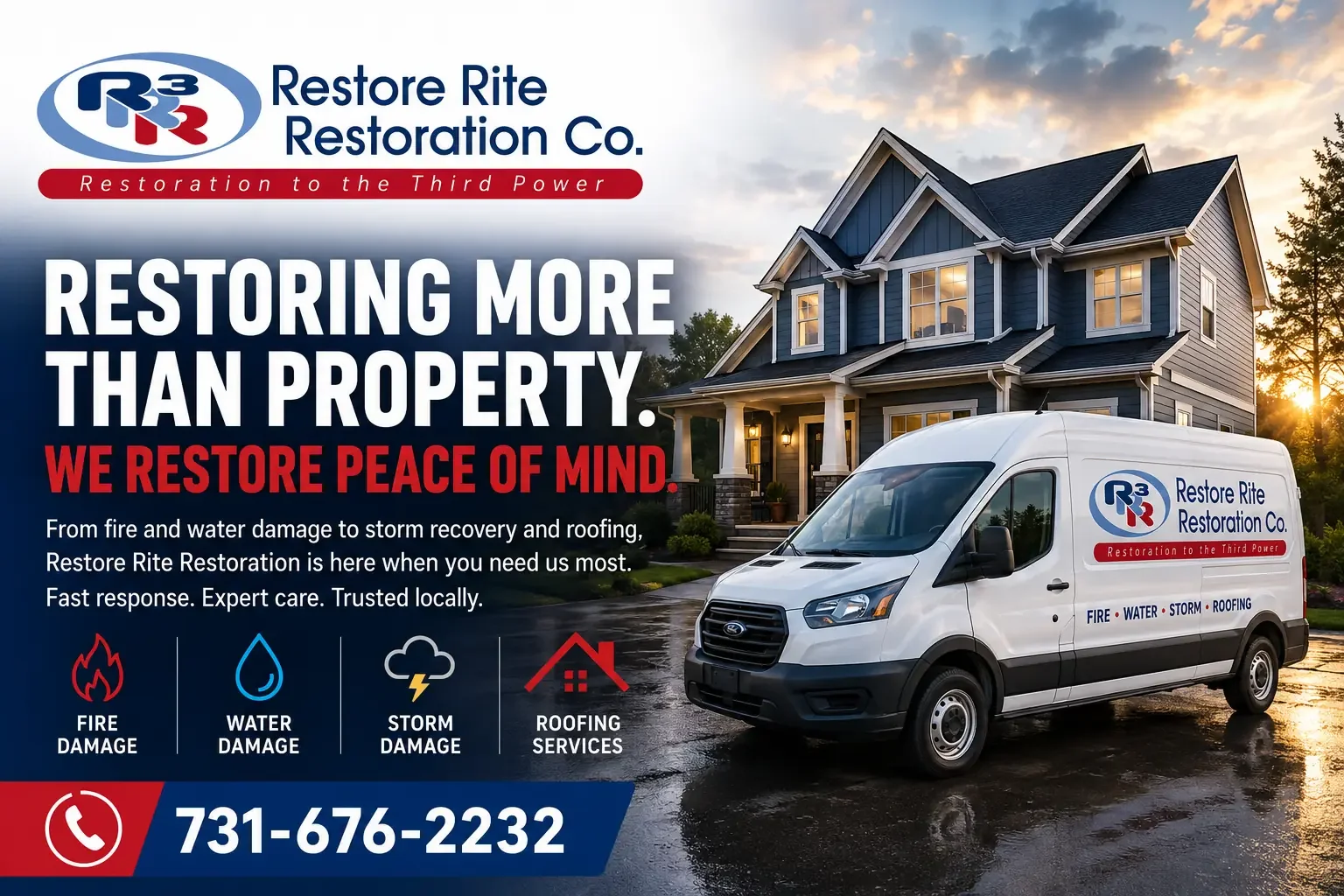 Advertisement for Restore Rite Restoration Co. featuring a white service van parked in front of a blue house at sunset. The company offers fire, water, storm, and roofing damage repair services with a phone number 731-676-2232. The ad emphasizes restoring peace of mind with a focus on damage repair and roofing services.