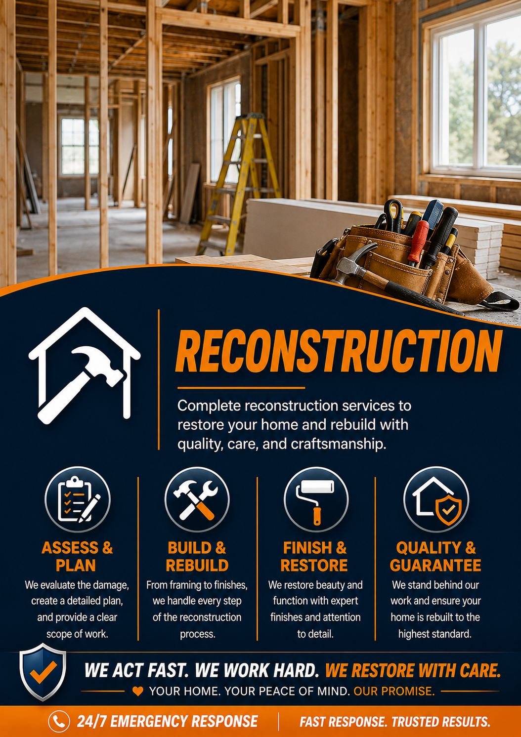 An advertisement for reconstruction services with a background image of a home under construction. The ad highlights assessment, build, finish, and quality checkpoints, emphasizing care and craftsmanship in restoring homes.