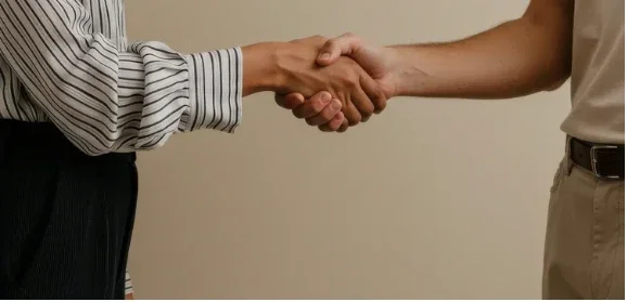 Two people shaking hands against a plain background.
