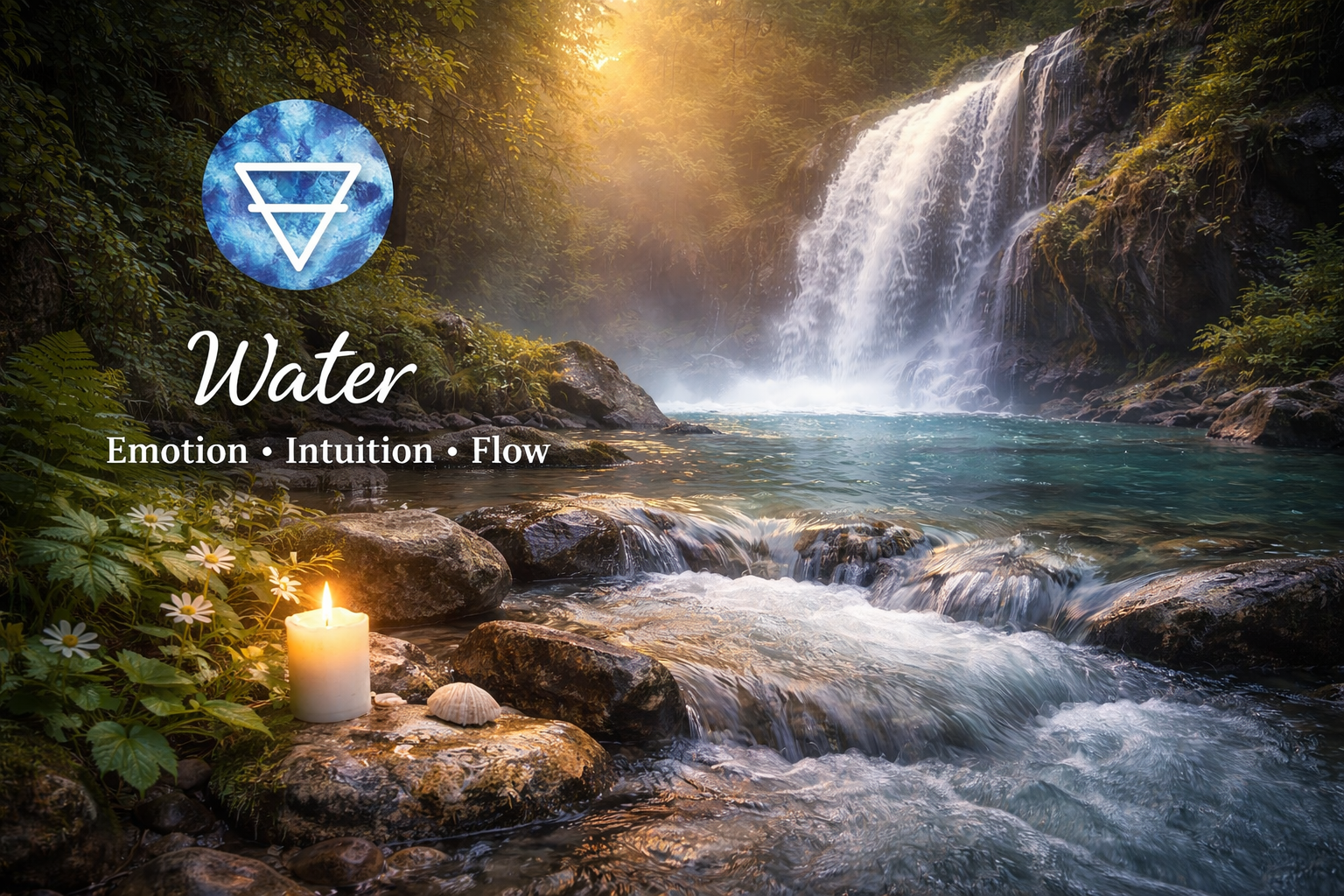 Waterfall flowing into a clear stream surrounded by rocks, greenery, and soft sunlight, with a candle and seashell nearby, representing the Water element of emotion, intuition, and flow.