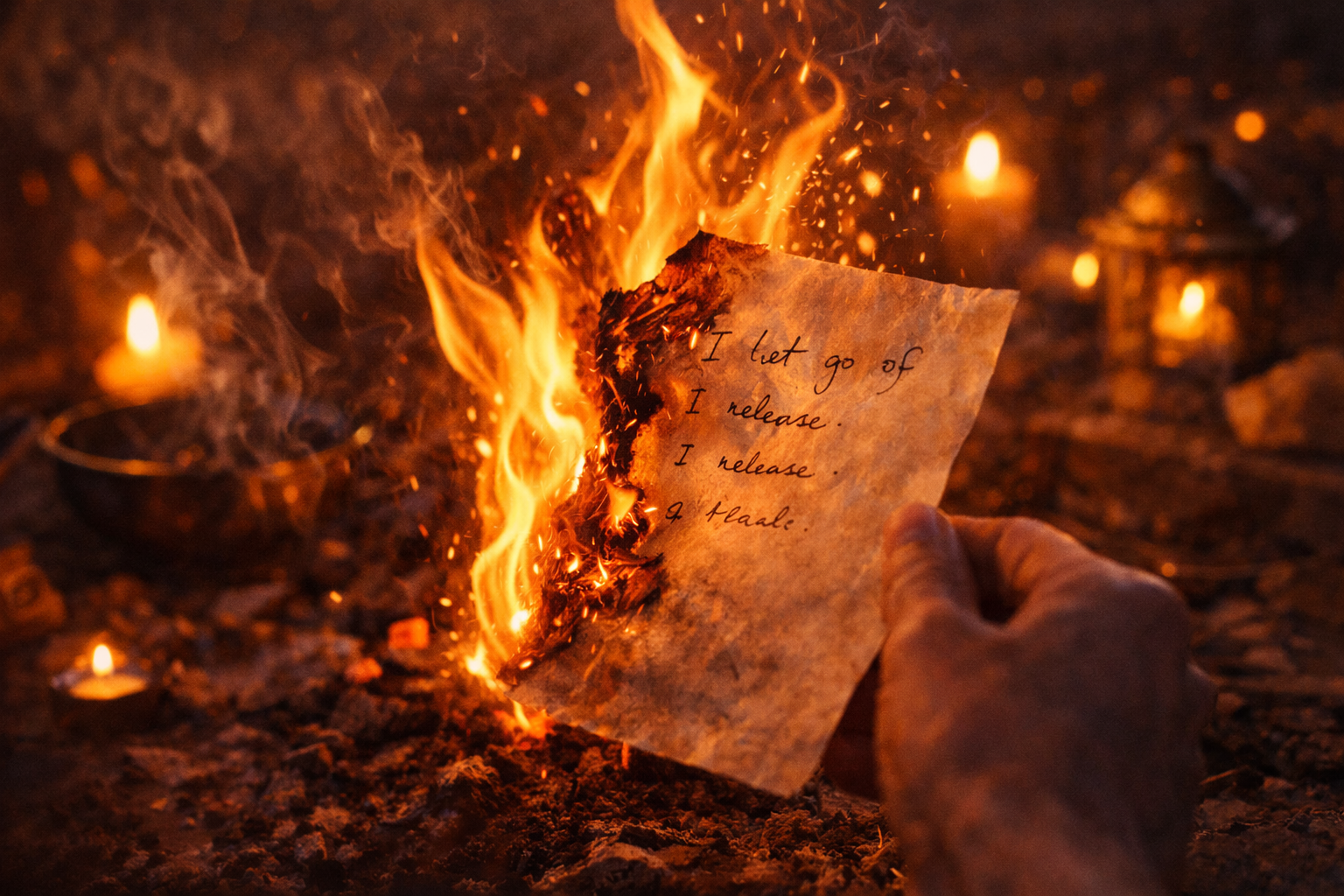 Hand holding a piece of paper being burned in a ritual fire, with handwritten release intentions and glowing candles in the background.