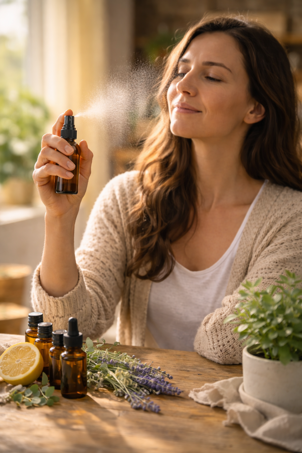 Woman spraying an essential oil mist in a cozy sunlit room with amber oil bottles, herbs, and plants on a wooden table.