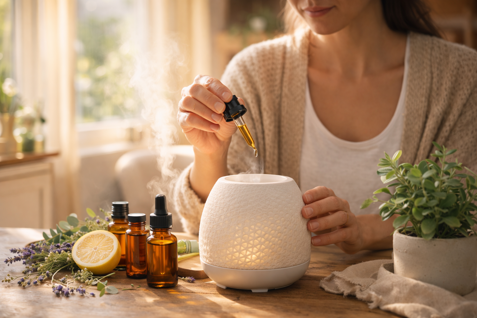 Woman adding a drop of essential oil into an aromatherapy diffuser on a wooden table with herbs and plants in a sunlit home.