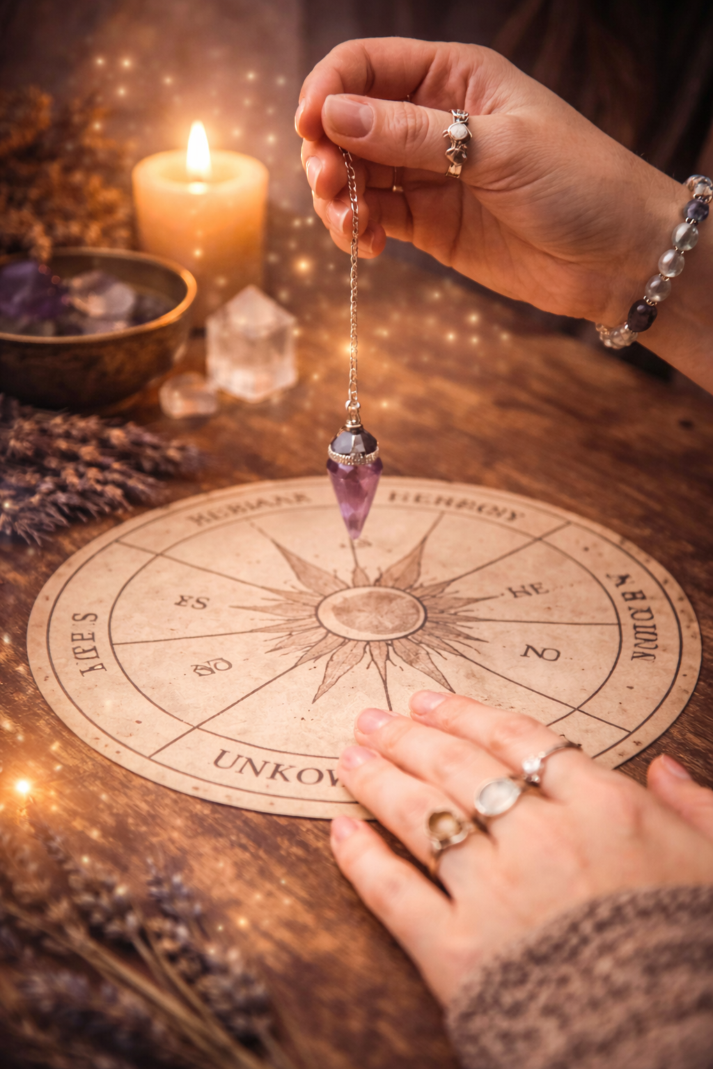 Woman using a crystal pendulum above a divination chart on a wooden table with candlelight and crystals.