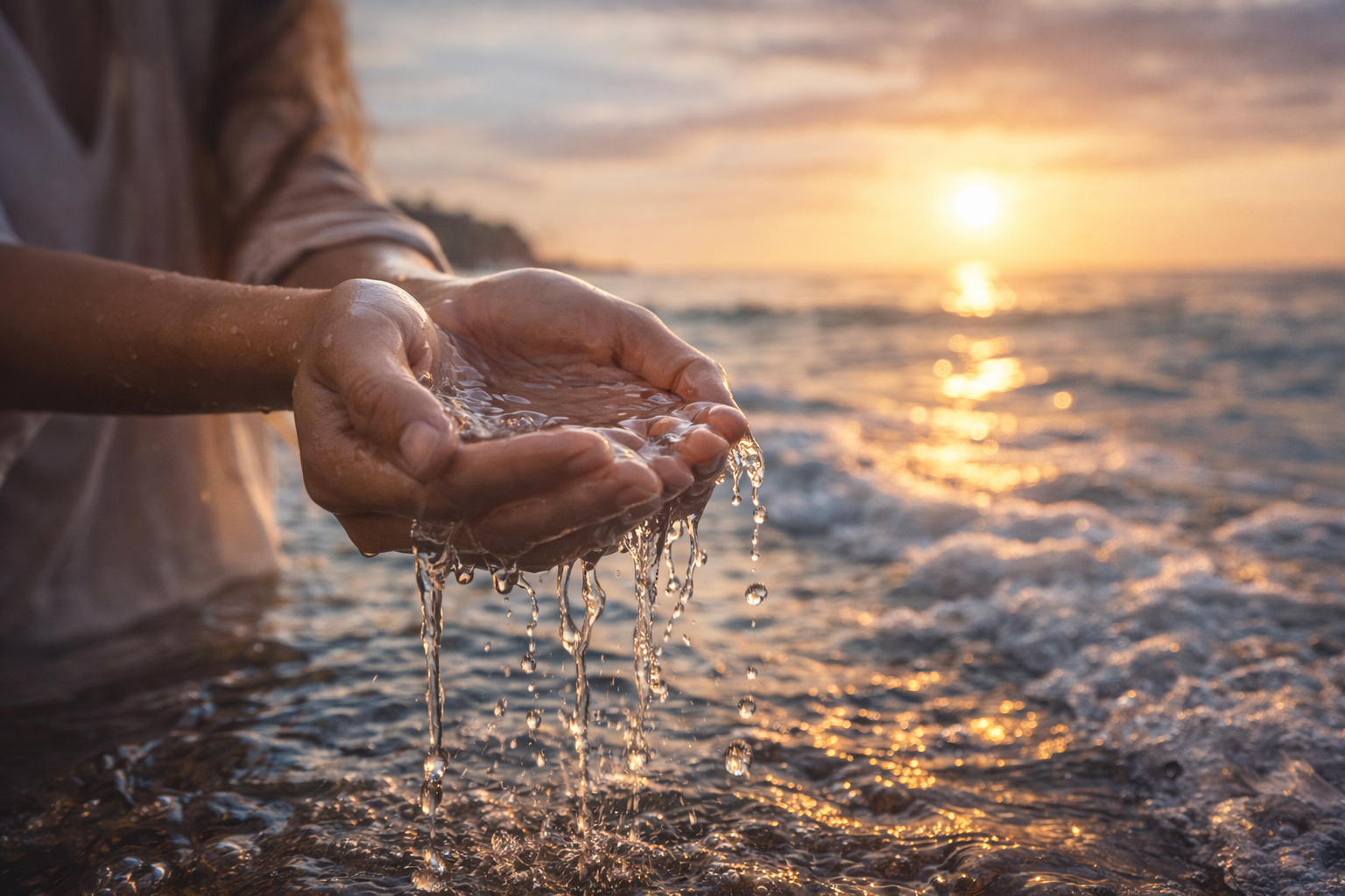 Hands gently cupping water at the ocean shoreline during sunset, with warm golden light reflecting on the waves.