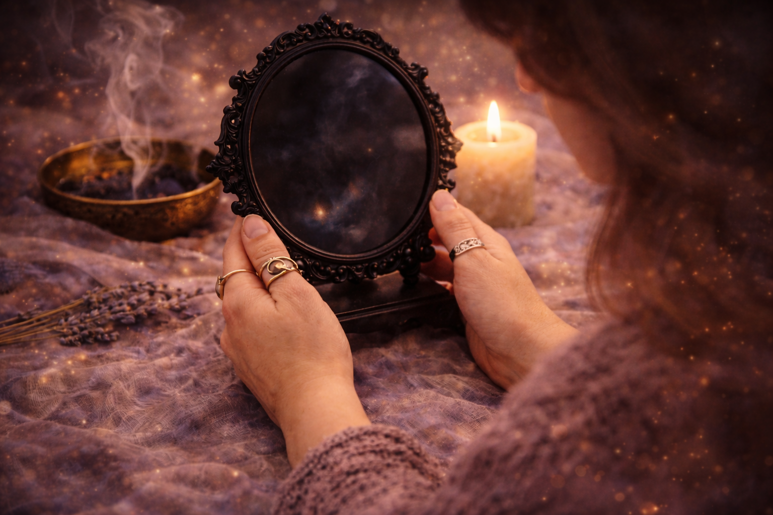 Woman gazing into a black scrying mirror surrounded by candles and incense in a mystical setting.