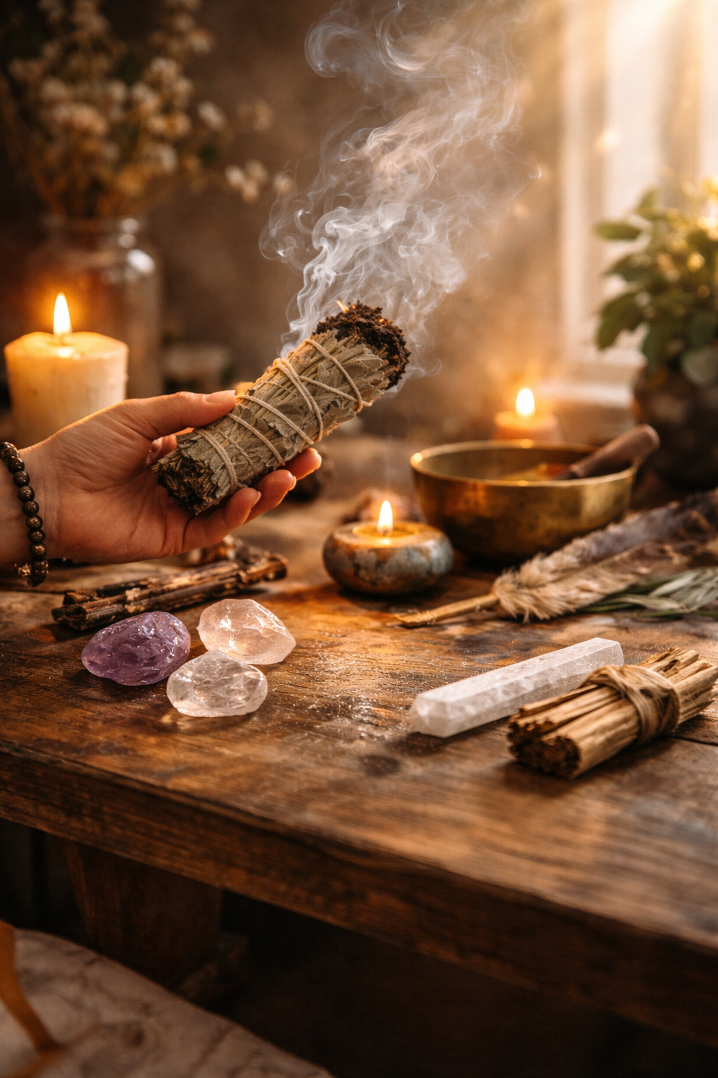 Hands holding a burning sage bundle with smoke rising during a home energy clearing ritual.