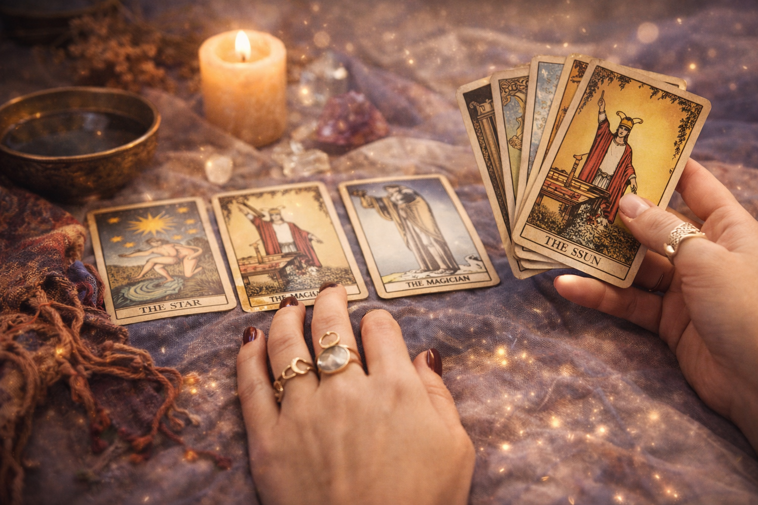 Woman performing a tarot card reading with a spread of tarot cards on a cloth surrounded by candles and crystals.