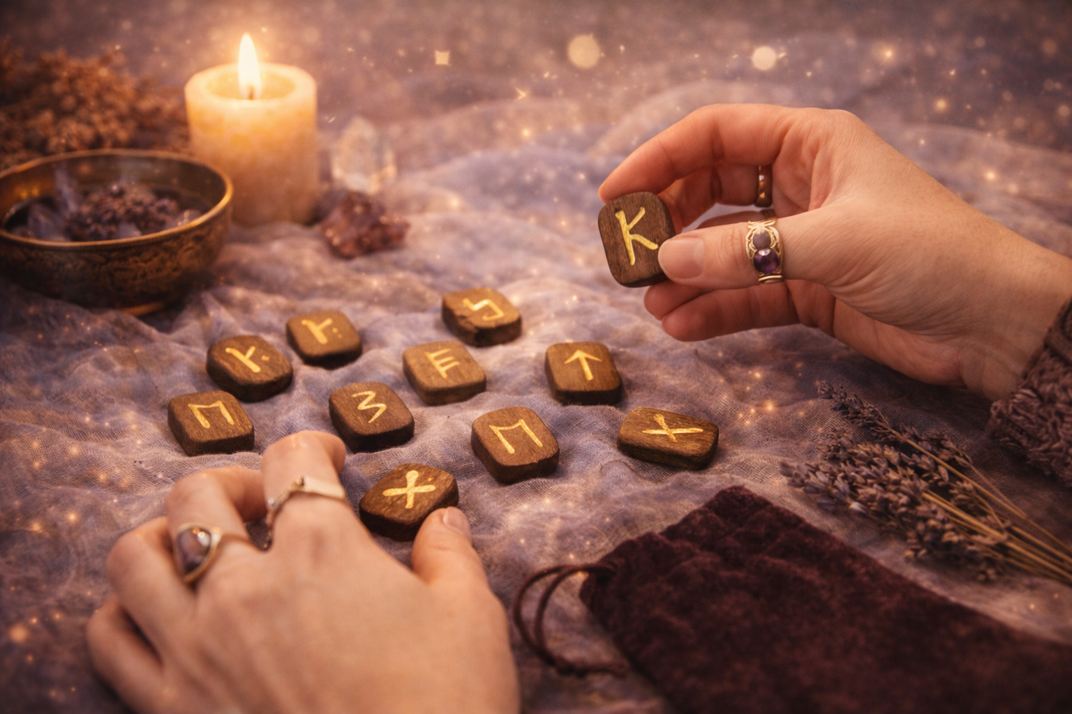 Woman selecting rune stones laid out on a cloth during a rune divination reading with candlelight and herbs.