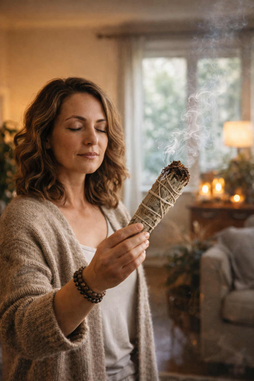 Woman smudging her home with sage to clear negative energy and set positive intentions.