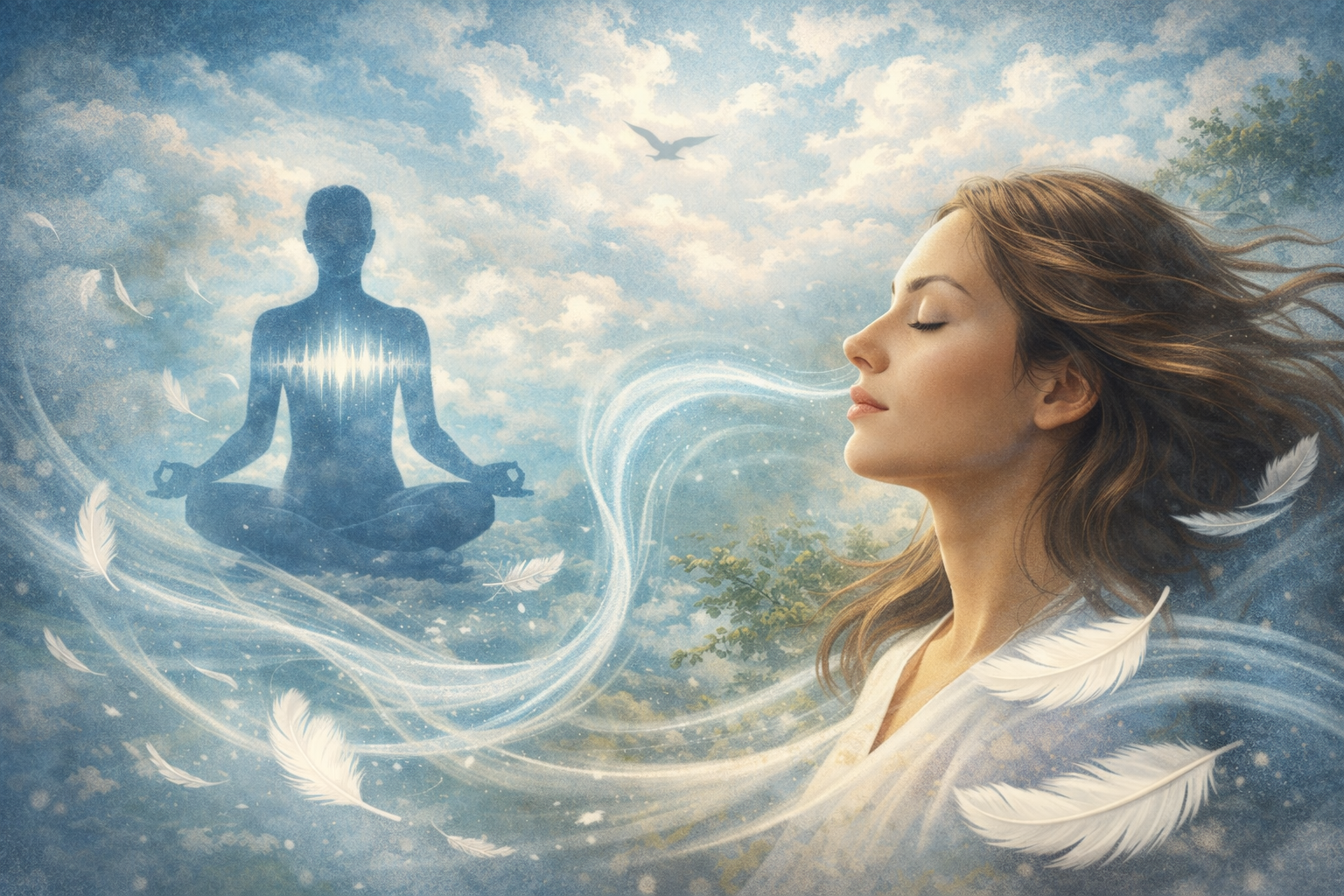 A serene woman with eyes closed takes a deep breath as soft, flowing air and feathers surround her, with a glowing meditative figure in the background symbolizing breath, calm, and connection.