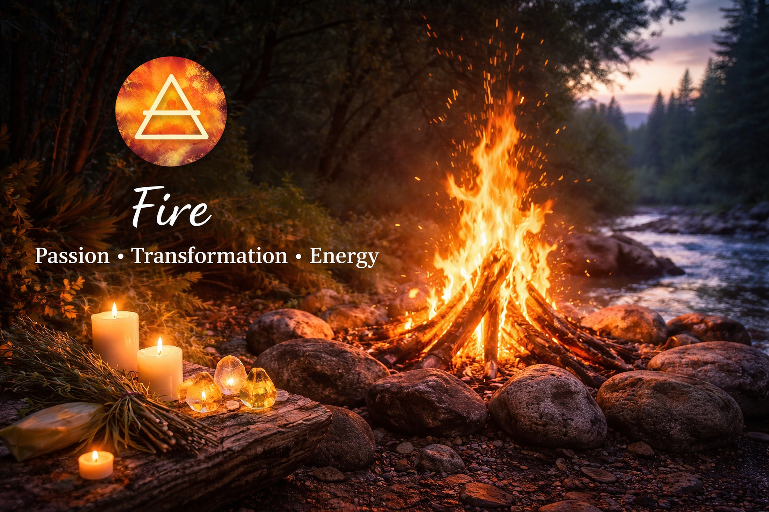 Campfire burning among stones near a river at dusk, with candles and crystals nearby, representing the Fire element of passion, transformation, and energy.