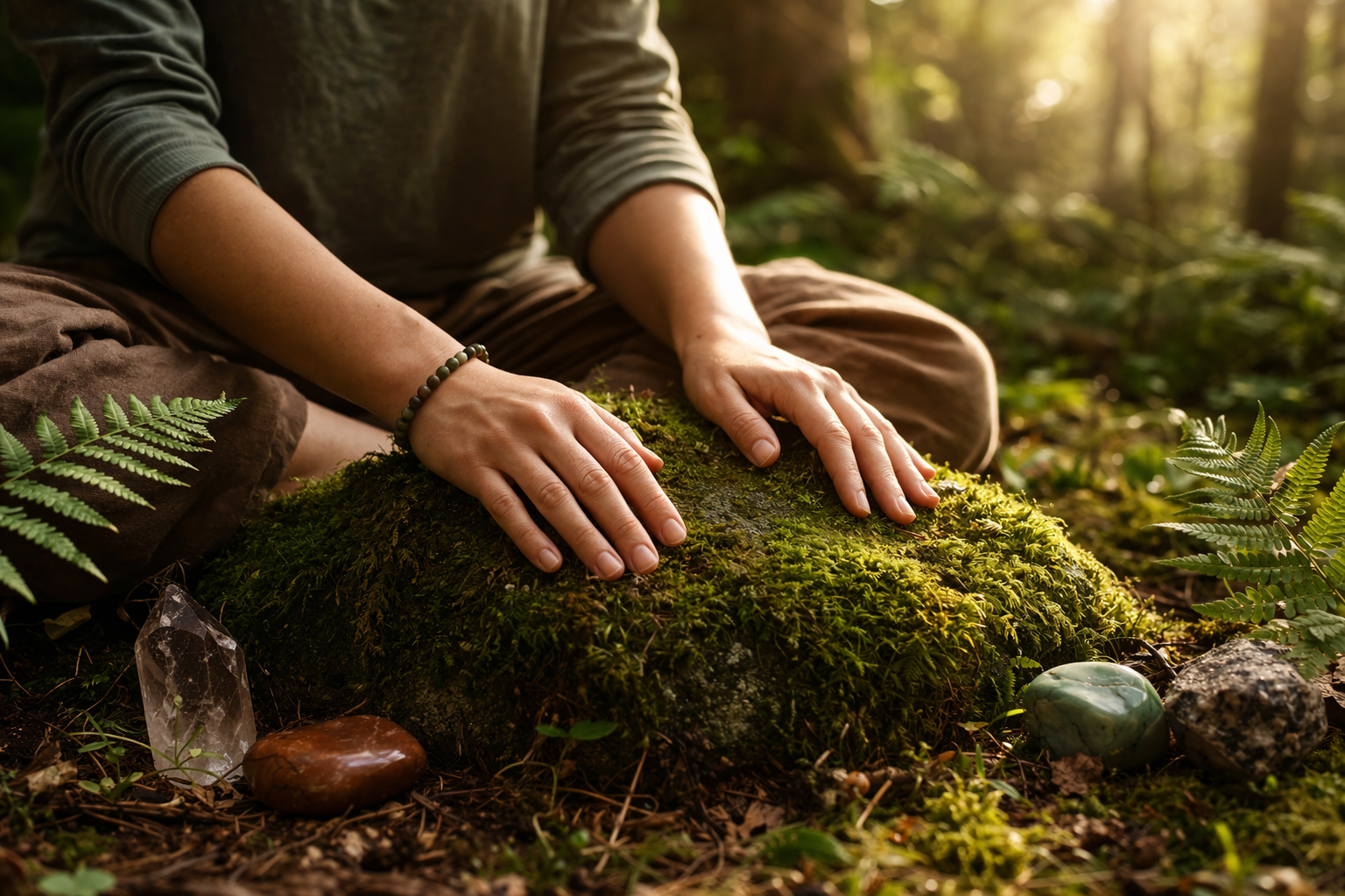 A person gently pressing their hands into a moss-covered forest floor, surrounded by crystals, greenery, and soft golden sunlight filtering through the trees, creating a peaceful and grounding atmosphere.