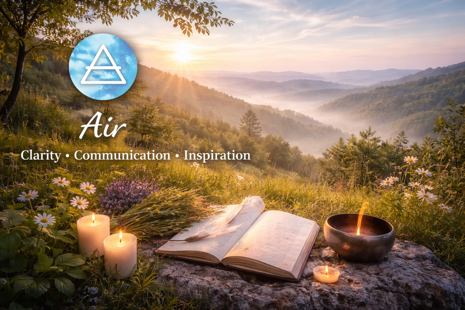 Sunlit hillside with wildflowers overlooking a misty valley, featuring an open journal, feather, candles, and a singing bowl, representing the Air element of clarity, communication, and inspiration.