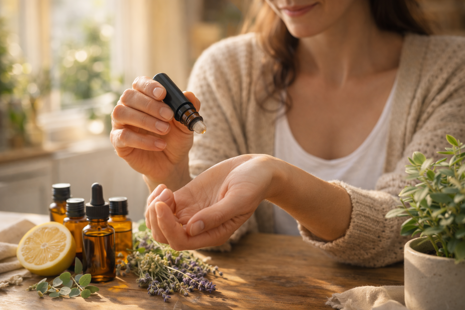 Woman applying essential oil to her wrist using a roller bottle at a wooden table with lavender and essential oil bottles.