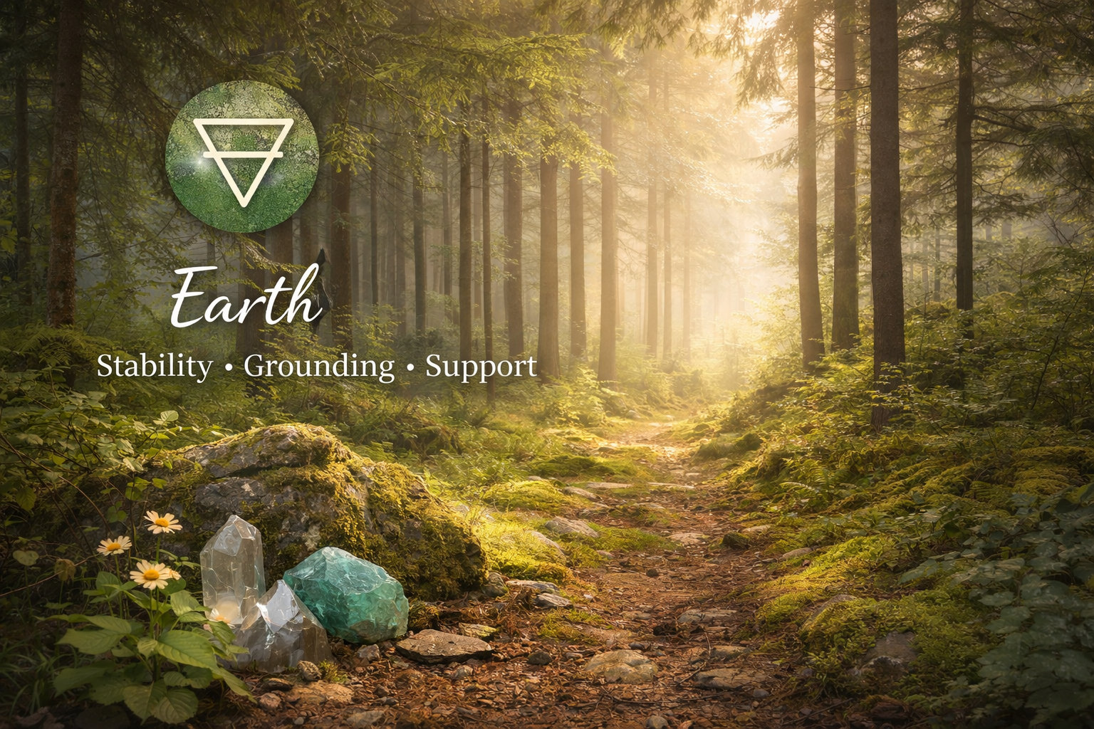 Sunlit forest path surrounded by moss, trees, and wildflowers, with crystals on a rock, representing the Earth element of grounding, stability, and support.