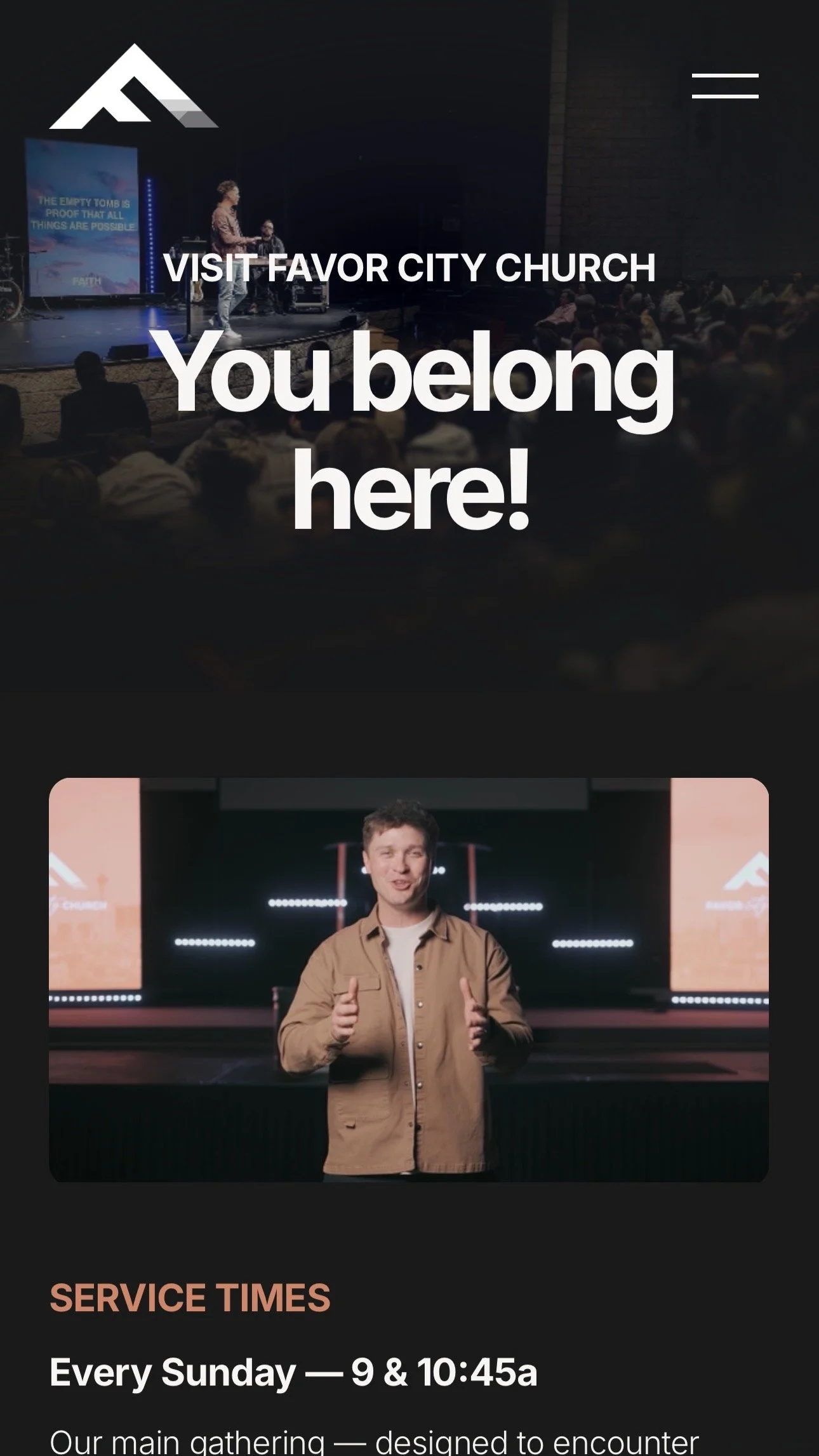 Promotion for Favor City Church with a background image of a church service, large bold text saying "You belong here!", a picture of a smiling young man speaking on stage, and service times listed as every Sunday at 9 and 10:45 am.