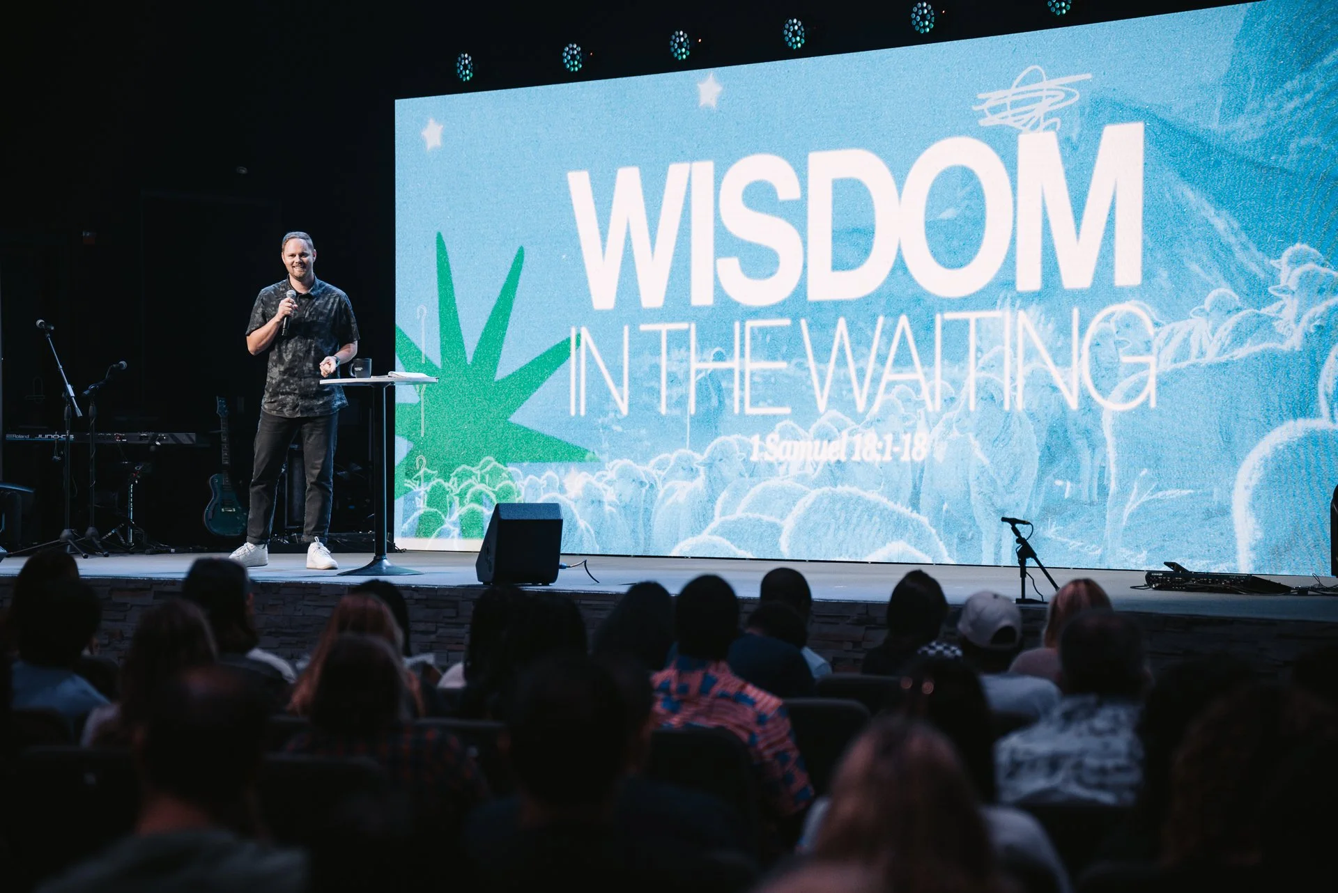 A man standing on stage speaking into a microphone in front of a large screen that reads 'Wisdom in the Waiting' with a Bible verse reference, 1 Samuel 18:1-18, and a graphic of a large green plant and clouds. The audience is seated in front of the stage.