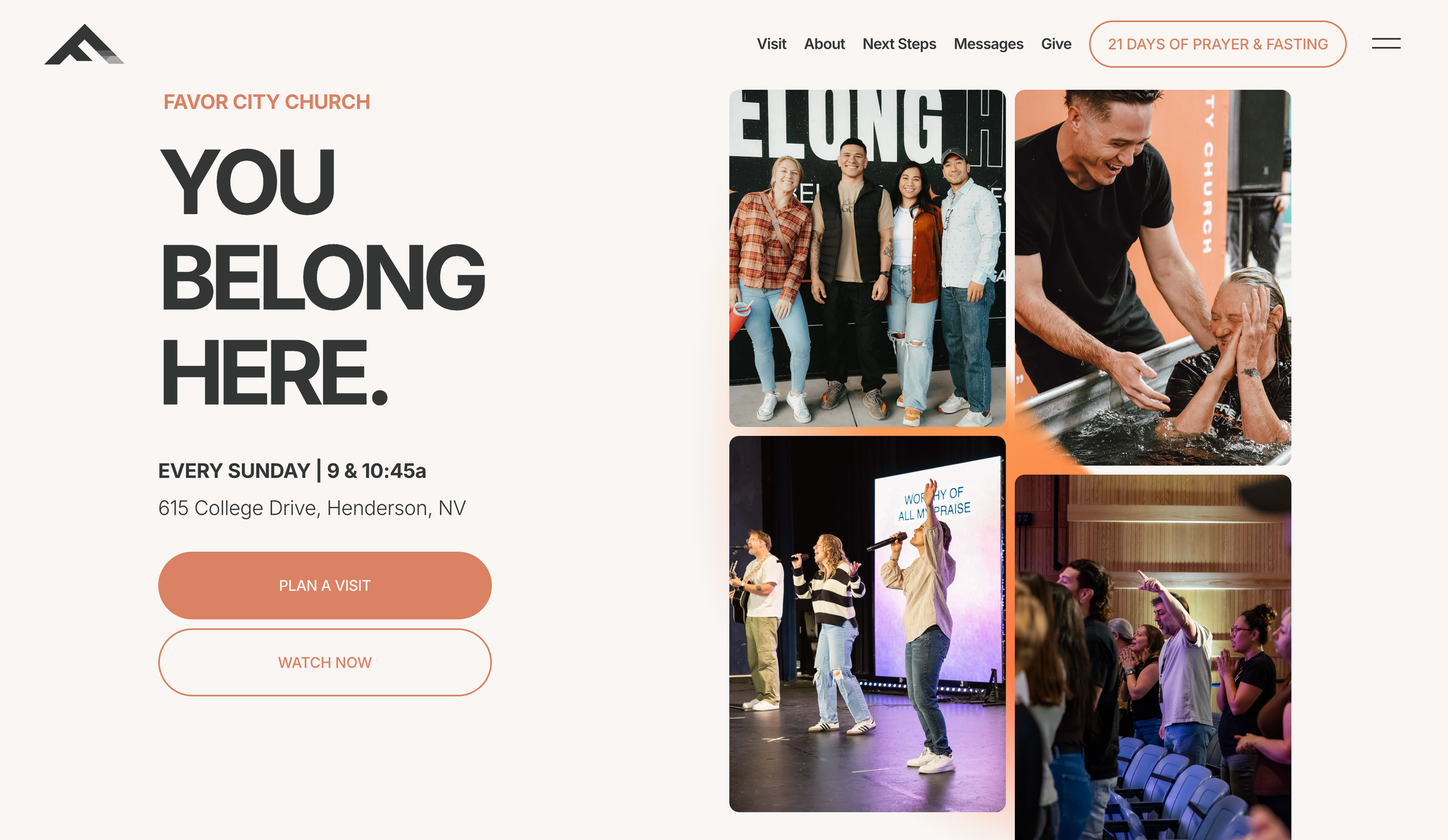 A church website homepage with large text saying 'You Belong Here', event details, and four images: a group of people standing together, a man baptizing a woman, a congregation singing, and a group of people worshiping.