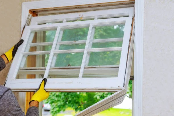 Person installing or replacing a window with multiple panes, wearing yellow gloves, outside a building with green trees visible through the window.