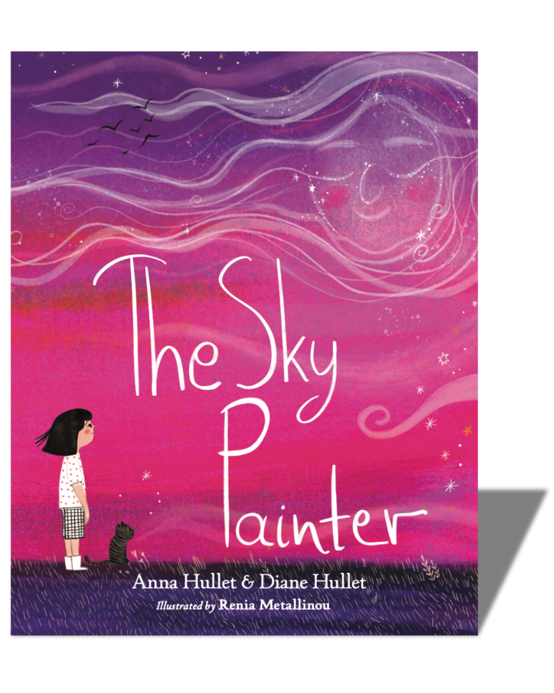 Cover of children's book titled "The Sky Painter" shows a girl with dark hair in a polka dot shirt and checkered pants standing next to a striped cat, gazing at a colorful night sky with swirling stars, a smiling moon, and a flock of birds.