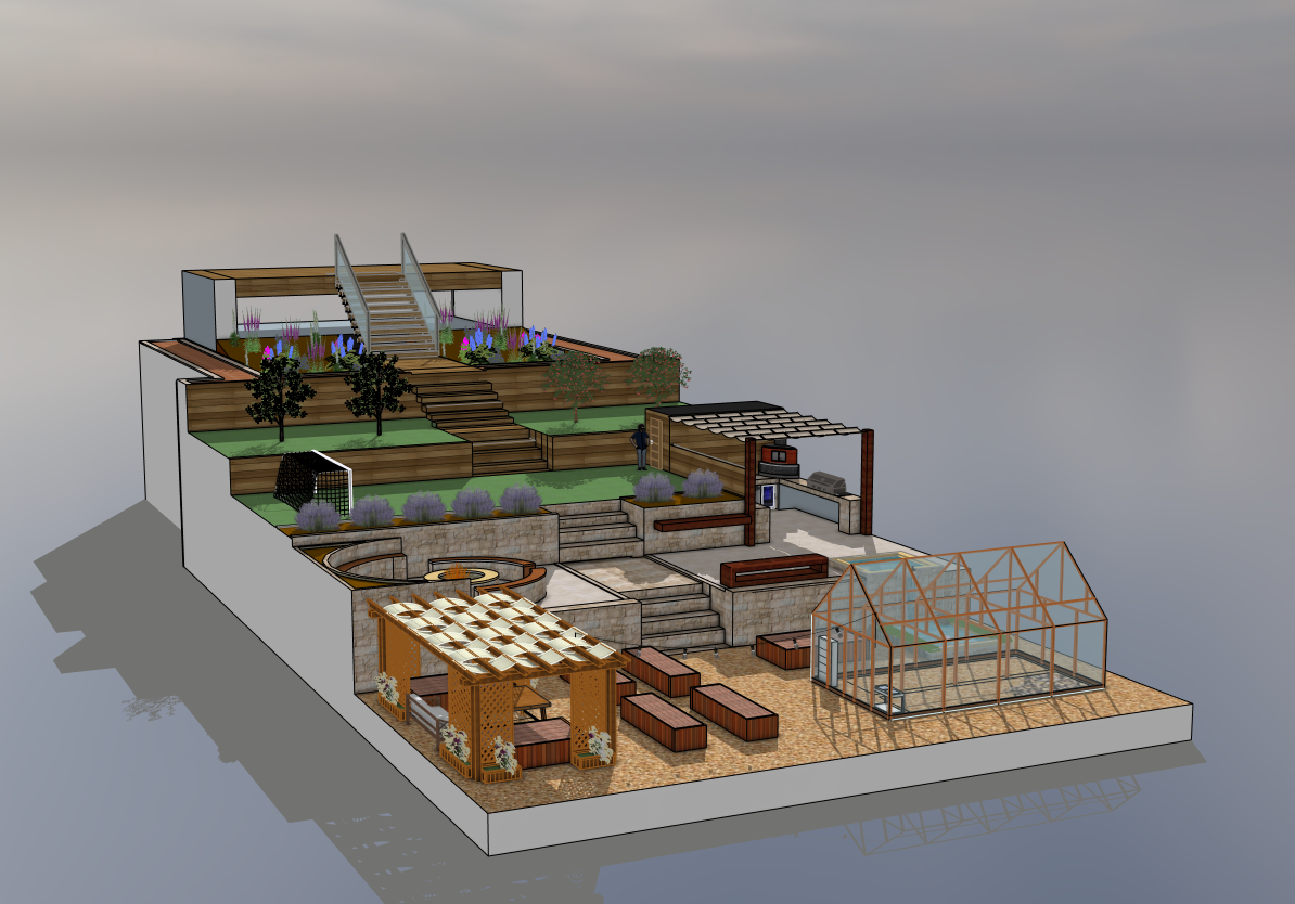 Render of a multi-level backyard with a greenhouse, patio, outdoor kitchen, and garden beds.