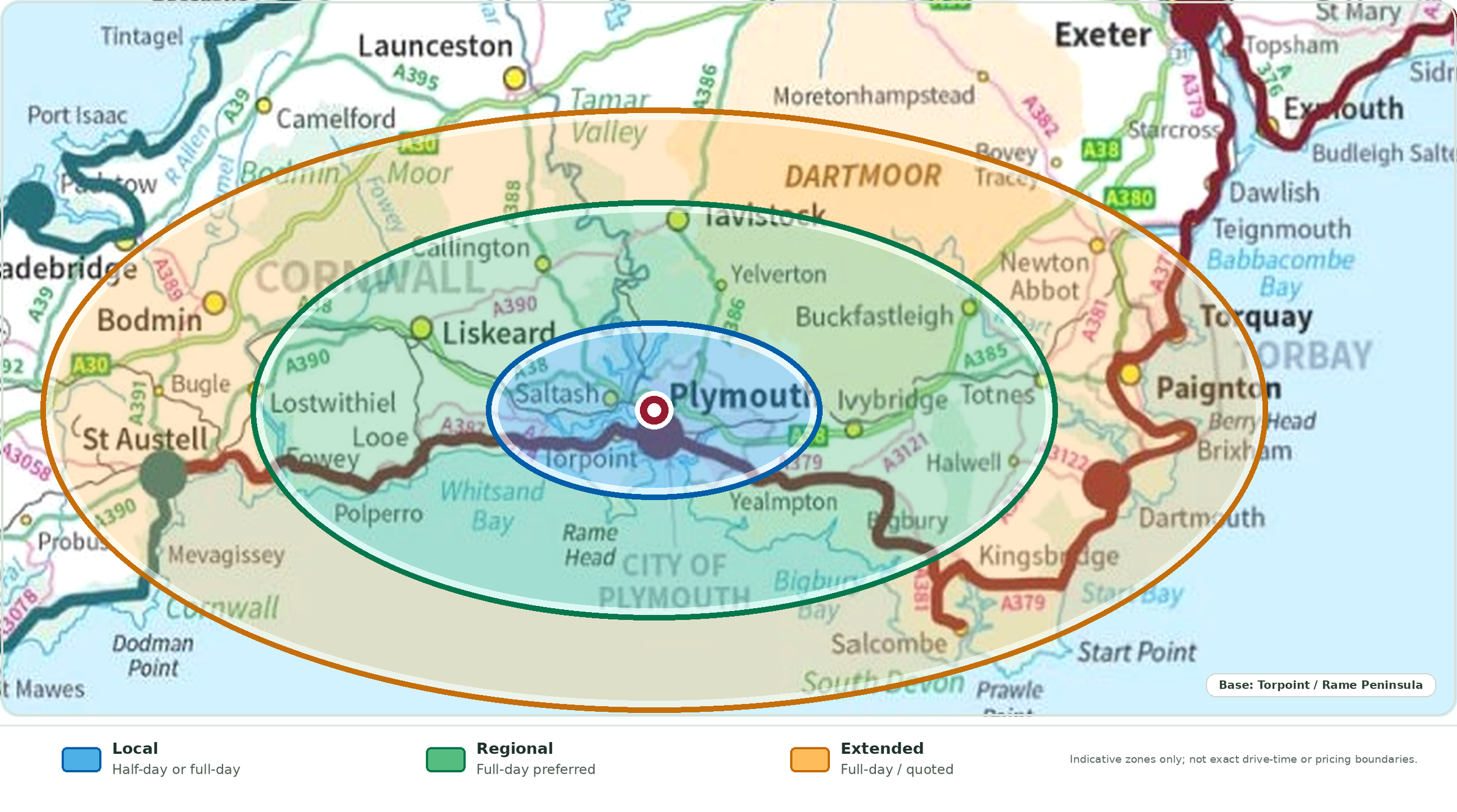 Map of Plymouth and surrounding areas showing various zones: blue for local half-day or full-day, green for regional full-day, and orange for extended full-day or quoted. Highlighted areas and roads include Tavistock, Buckfastleigh, Yelverton, Yalbridge, and the city of Plymouth.
