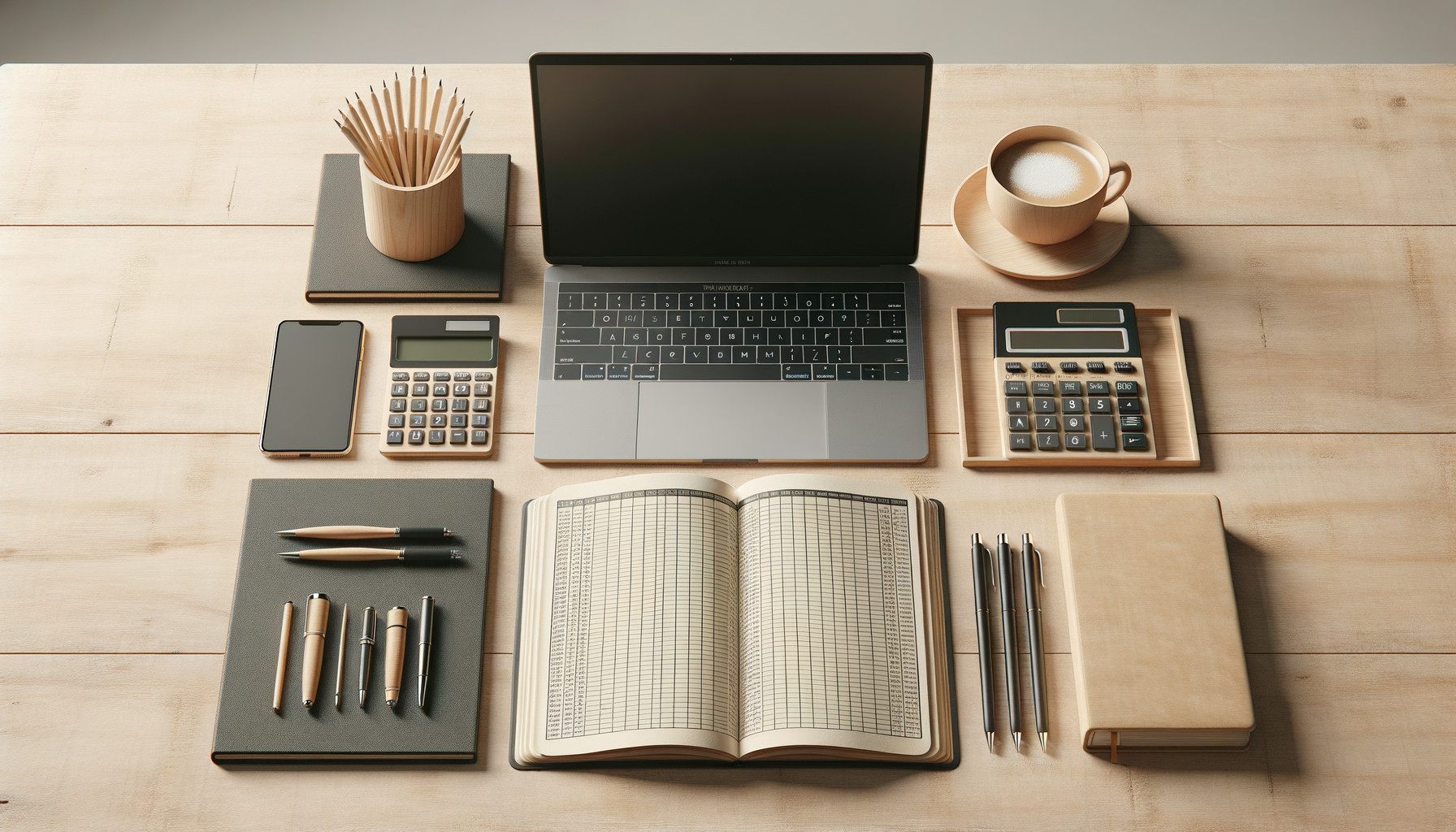 A neatly organized workspace on a light wooden table featuring a laptop, a cup of coffee, a smartphone, a calculator, a notebook, an open planner, pens, and various office supplies.