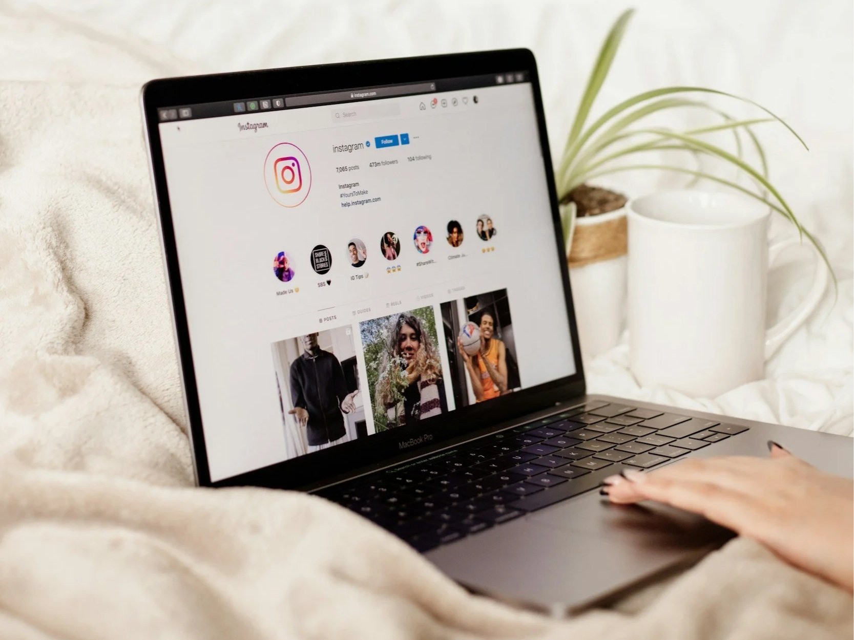 Laptop displaying Instagram profile, surrounded by potted plant and white mug, on a cozy cream-colored blanket.