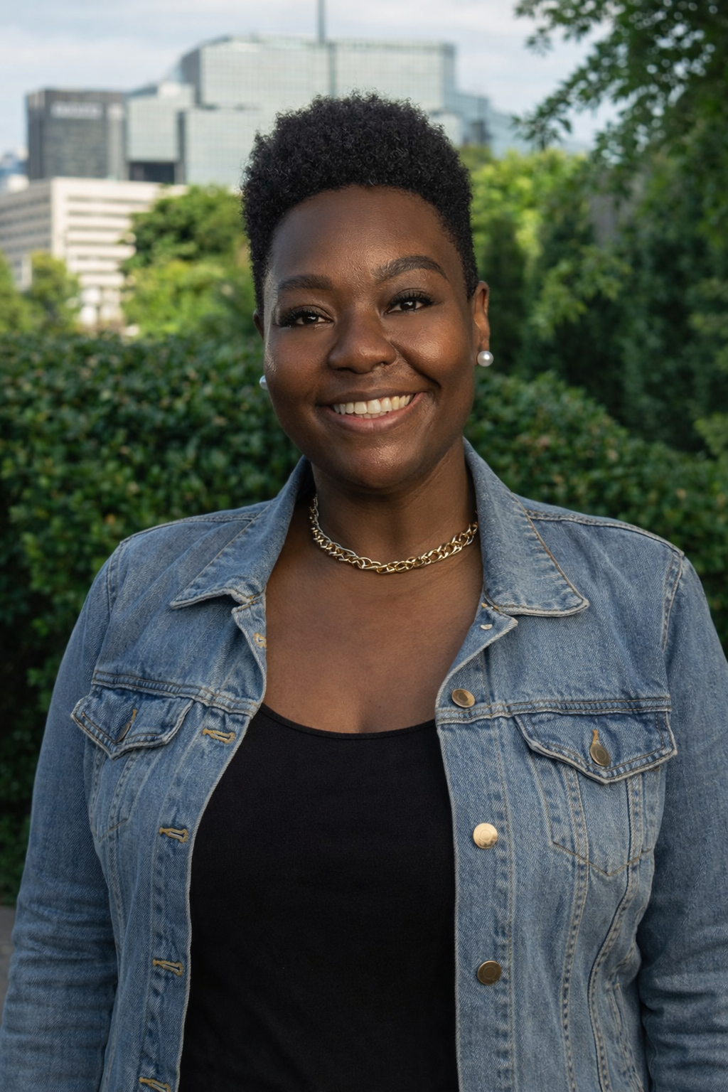 A smiling woman with short curly hair wearing a denim jacket, black top, pearl earrings, and a gold chain necklace outdoors with greenery and buildings in the background.