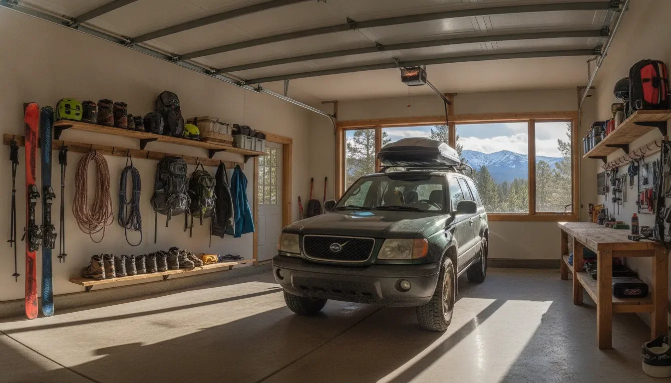 Bright organized garage in a Colorado mountain home with wall-mounted ski and gear storage