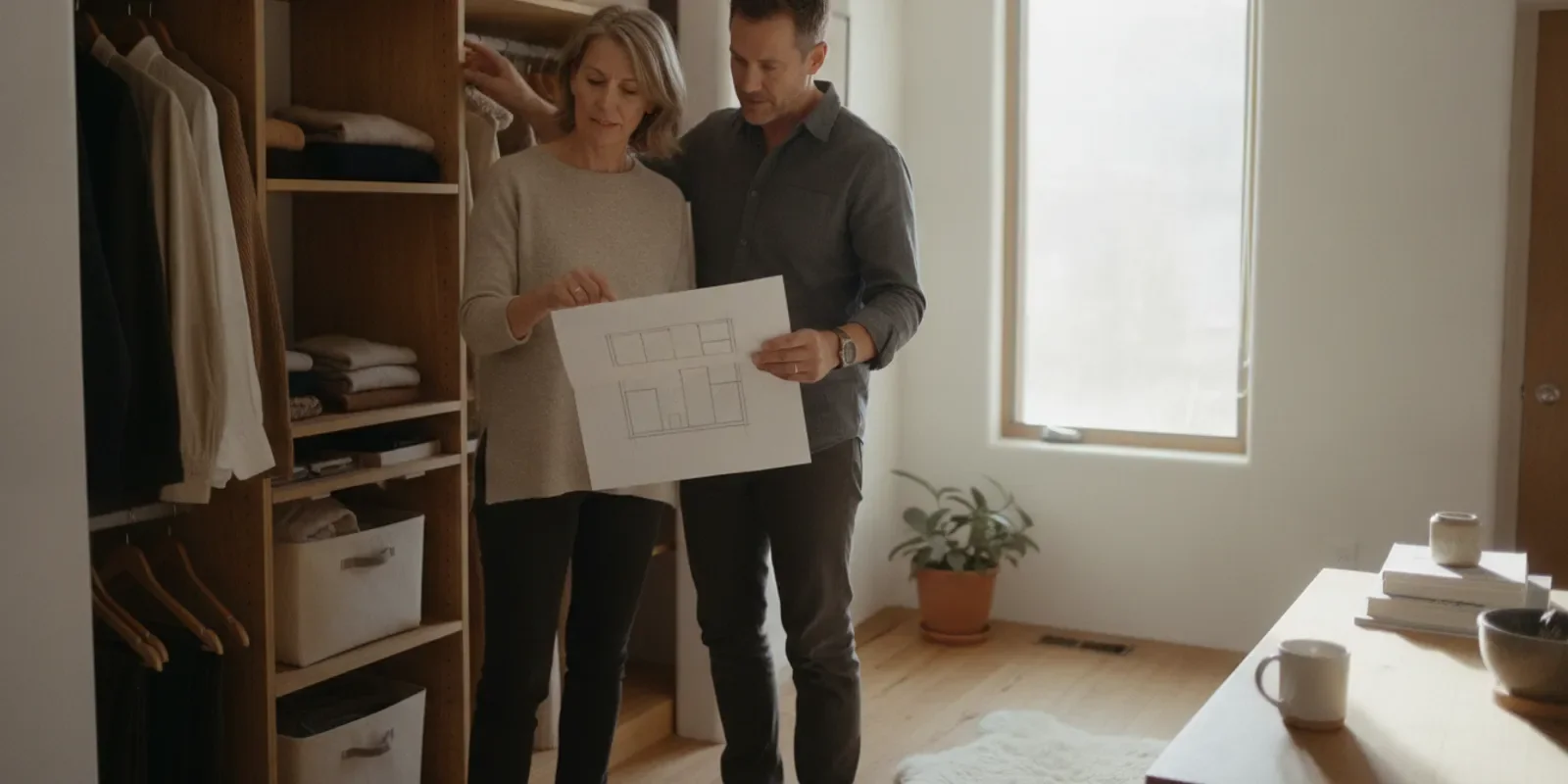Homeowner reviewing closet storage needs with a designer in a bright mountain home
