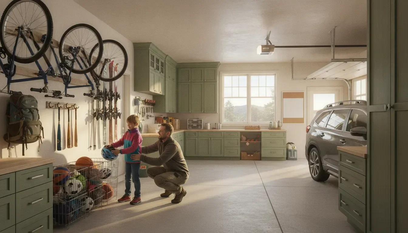 Family organizing sports equipment storage in a custom garage with bikes and team gear