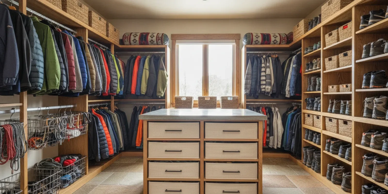 A well-organized custom closet with hanging clothes, shelves, and drawers in a Colorado home