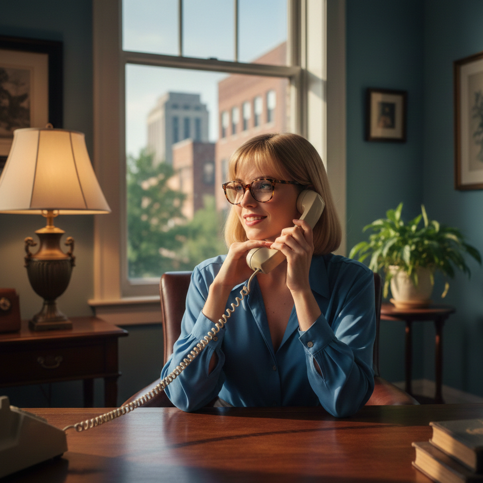A woman with glasses sitting at a wooden desk, talking on a landline phone in a well-lit office with large window and framed art on the walls, trees and buildings visible outside.