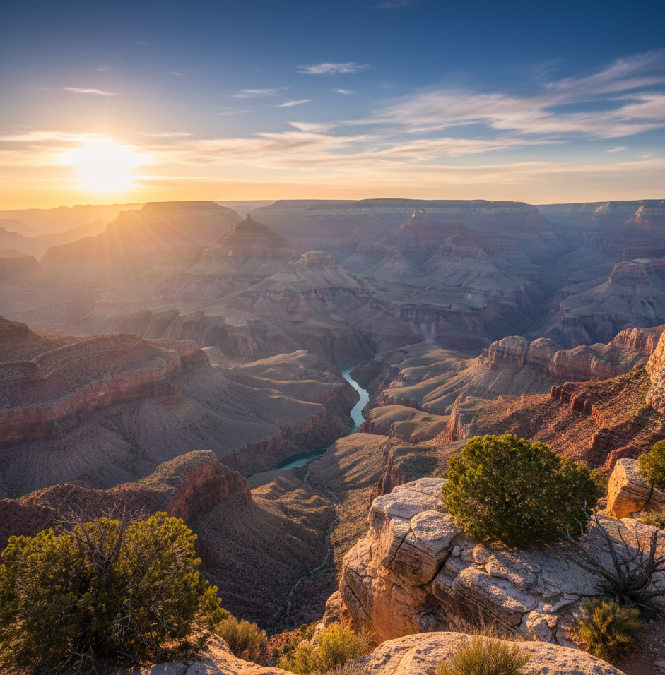 Sunset over the Grand Canyon with layered rock formations and a winding river in the canyon.