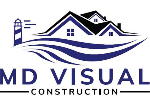 MD Visual Construction logo featuring a lighthouse, three house rooftops with windows, and ocean waves