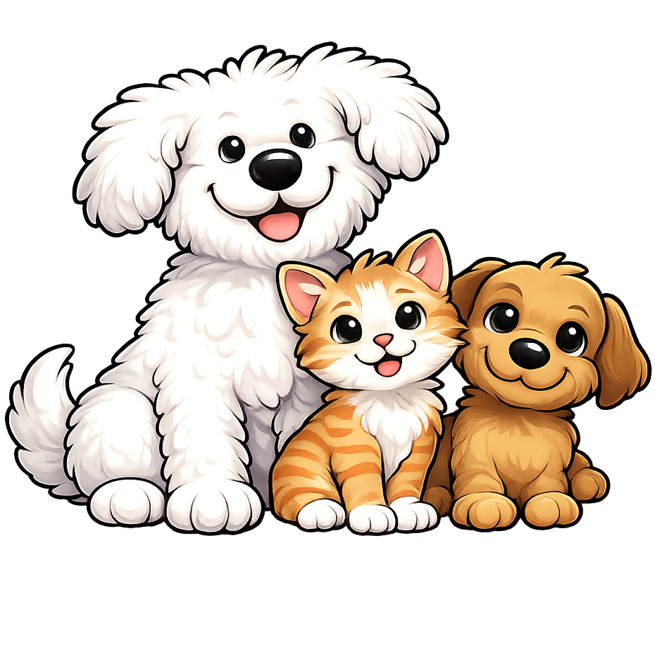 Cartoon illustration of a white fluffy dog, an orange and white striped kitten, and a small brown puppy sitting together, smiling.