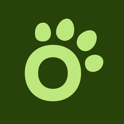Light green paw print logo on dark green background.